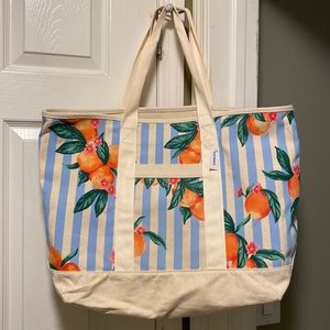 Cream & Light Blue Stripe Tote Bag with Peach Print Design
